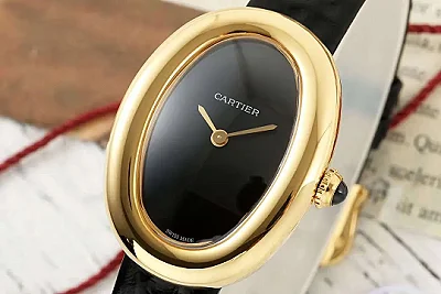 Cartier Baignoire Oval Black Dial Gold-Tone Case Black Leather Strap Women's Watch