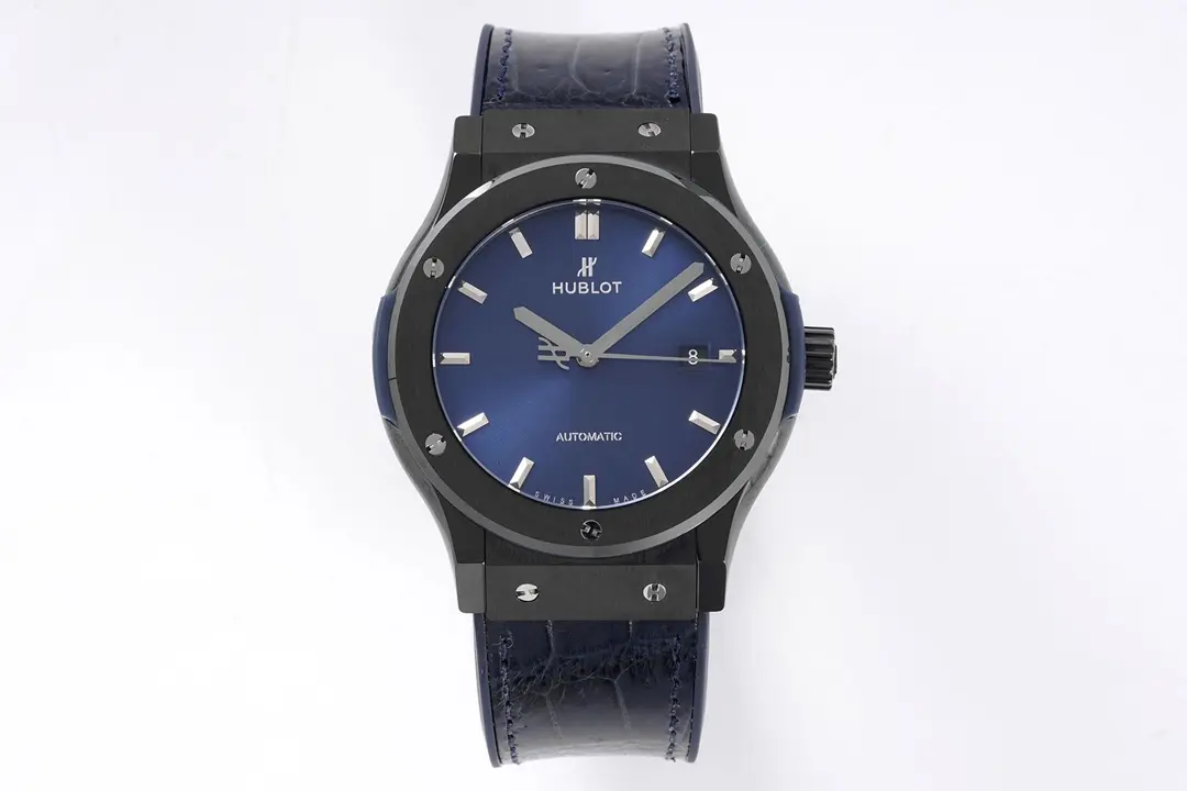 JJ Factory Hublot Classic Fusion Ceramic Watch - Black Ceramic Case, Blue Dial, Crocodile Leather Strap, Super Clone by GSF