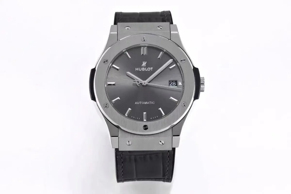 JB Factory Hublot Classic Fusion Titanium Watch - Grey Dial, 45MM, Polished Brushed Case, Black Strap, Best Replica Watch