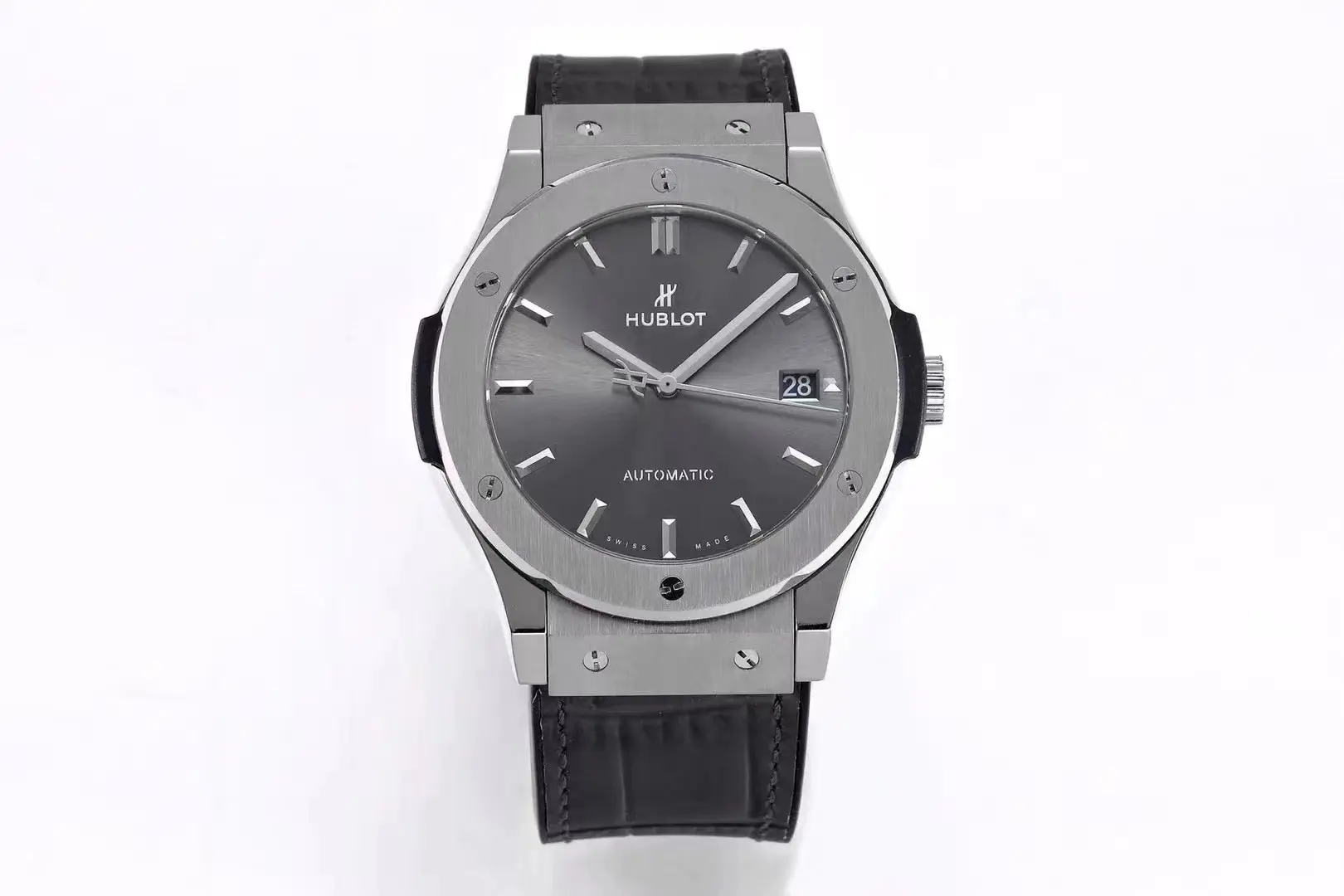 JJ Factory Hublot Classic Fusion Titanium Watch - Grey Dial, 45MM, Polished Brushed Case, Black Strap, Best Replica Watch