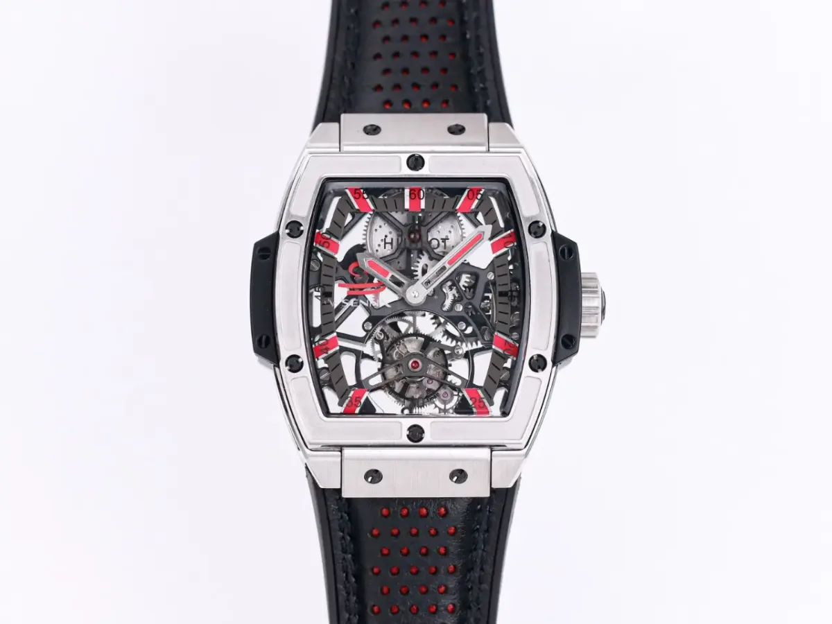 JB Factory Hublot Masterpiece 906 Tourbillon Watch - Rose Gold/Platinum, Black and Red Leather Strap, Manual Wind Movement, Super Clone Edition