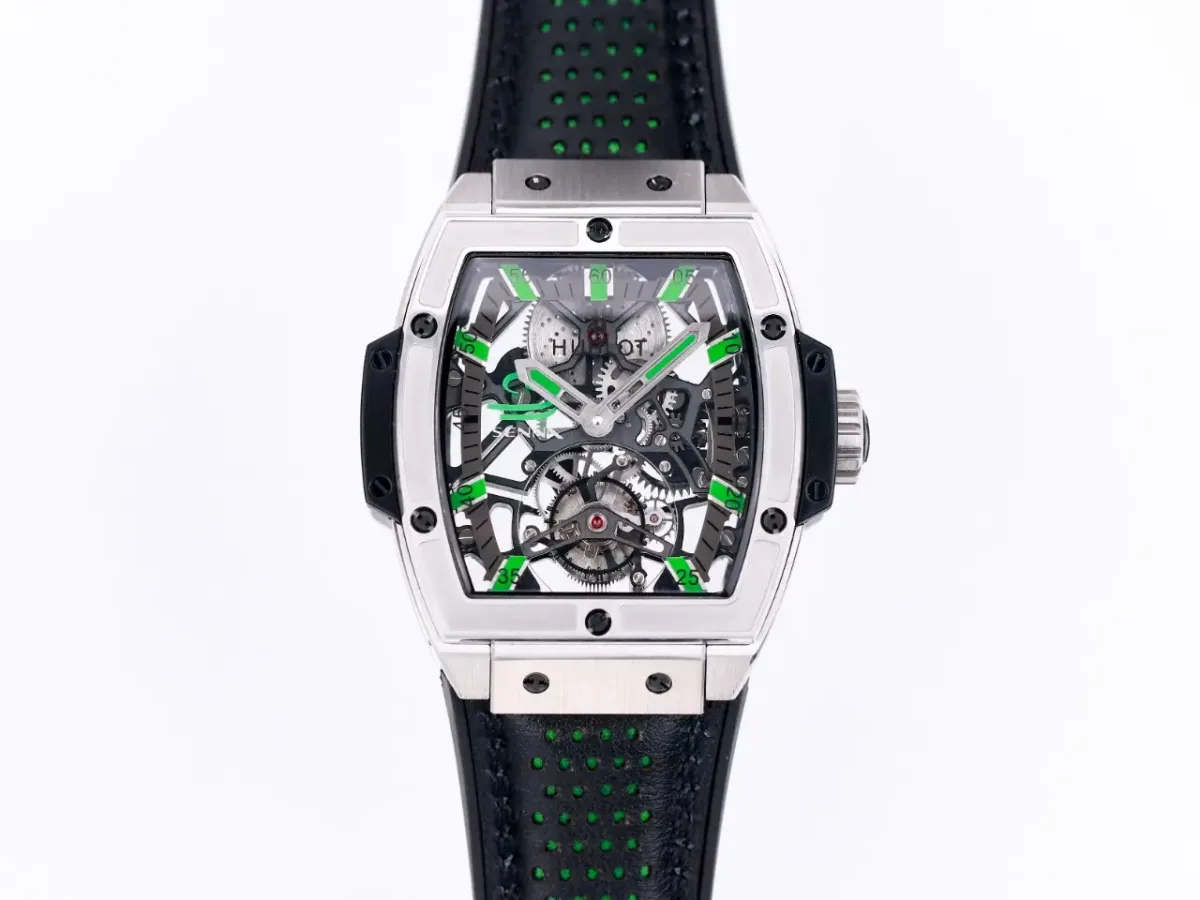 JB Factory Hublot Masterpiece 906 Tourbillon Watch - Silver with Green Accents, Manual Wind Movement, Leather Strap, Super Clone Design