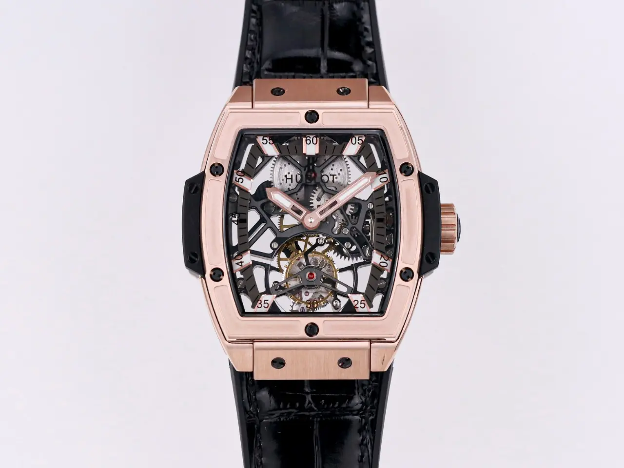 JJ Factory Hublot Masterpiece 906 Rose Gold/Platinum Plated Skeleton Tourbillon Watch with Black Leather Strap - Super Clone Excellence