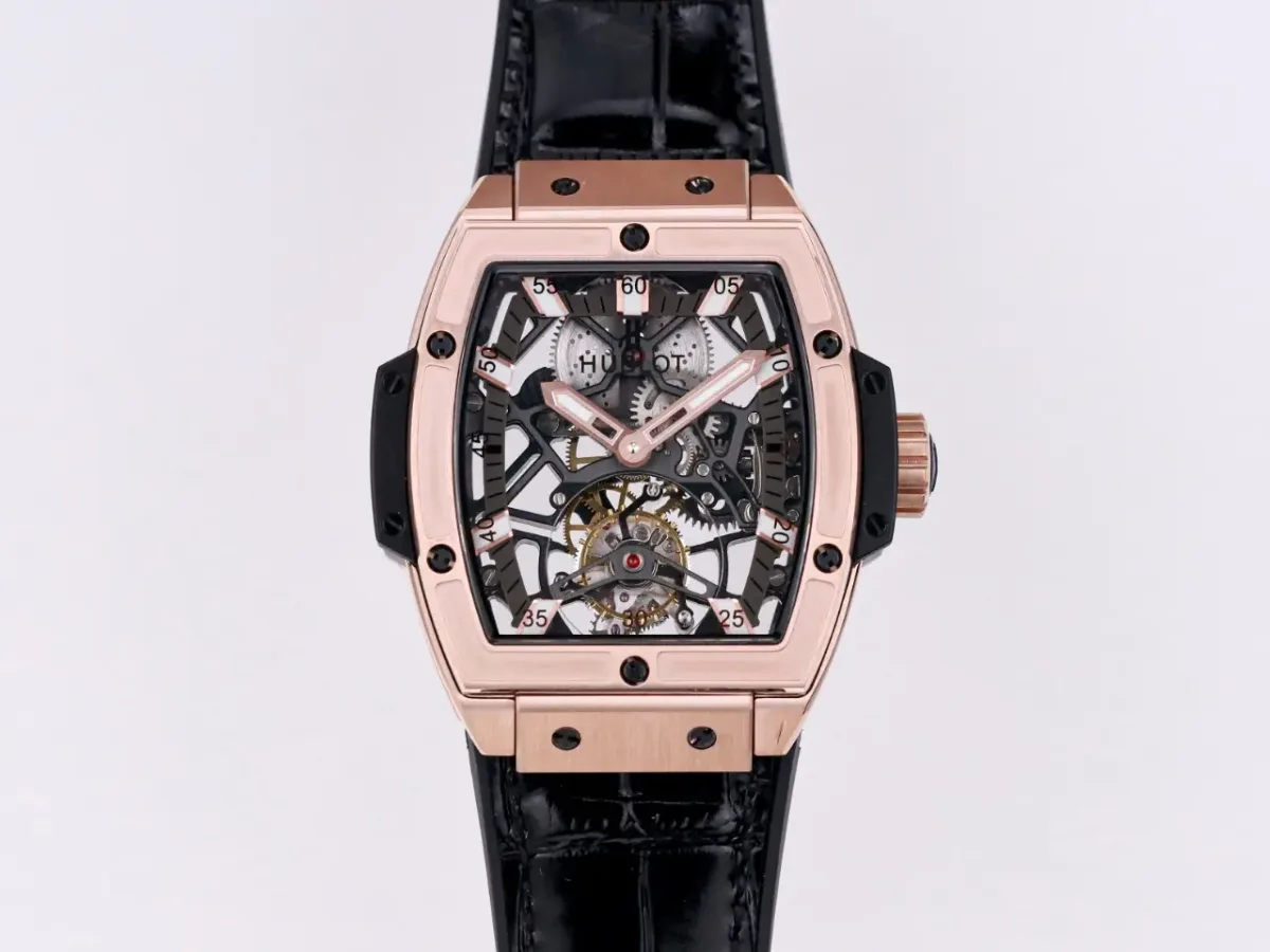 JJ Factory Hublot Masterpiece 906 Rose Gold/Platinum Plated Skeleton Tourbillon Watch with Black Leather Strap - Super Clone Excellence