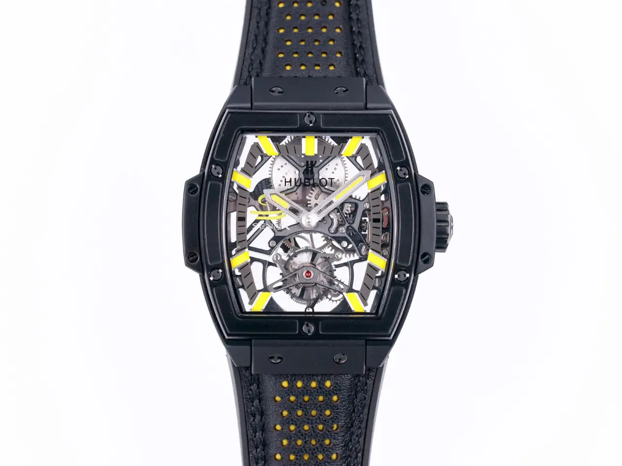 JJ Factory Hublot Masterpiece 906 Black &amp; Yellow Skeleton Tourbillon Watch with Leather Strap - Super Clone Edition