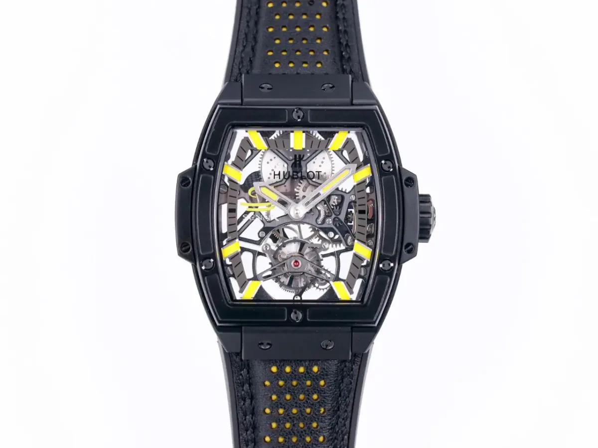 JJ Factory Hublot Masterpiece 906 Black &amp; Yellow Skeleton Tourbillon Watch with Leather Strap - Super Clone Edition