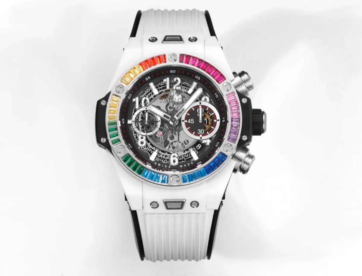 JB Factory Hublot Big Bang Unico Rainbow Ceramic Watch - White with Multicolor Bezel, Automatic Chronograph, 45mm, Super Clone Edition