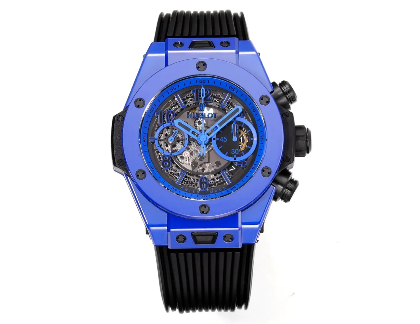 JJ Factory Hublot Big Bang Unico Blue Ceramic Watch - 45mm Automatic Chronograph with Rubber Strap - Super Clone Quality