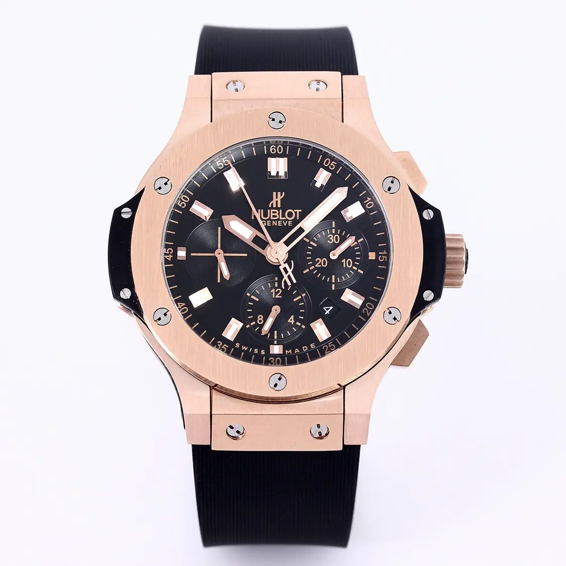 JB Factory Hublot Big Bang 44mm Rose Gold Black Dial Rubber Strap Chronograph Super Clone Watch
