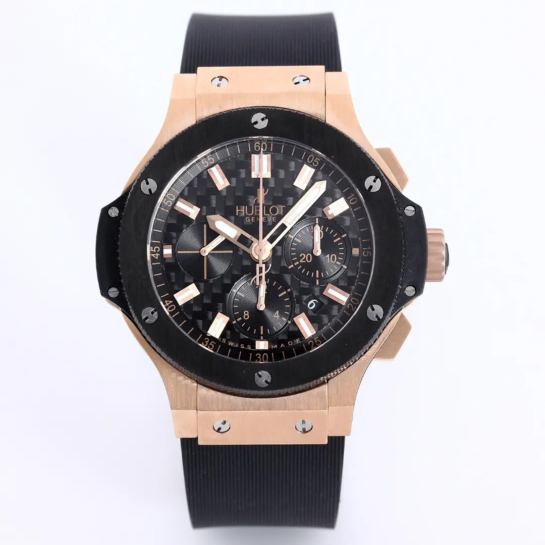 JB Factory Hublot Big Bang 44mm Rose Gold Black Dial Chronograph Watch with Rubber Strap - Super Clone Edition