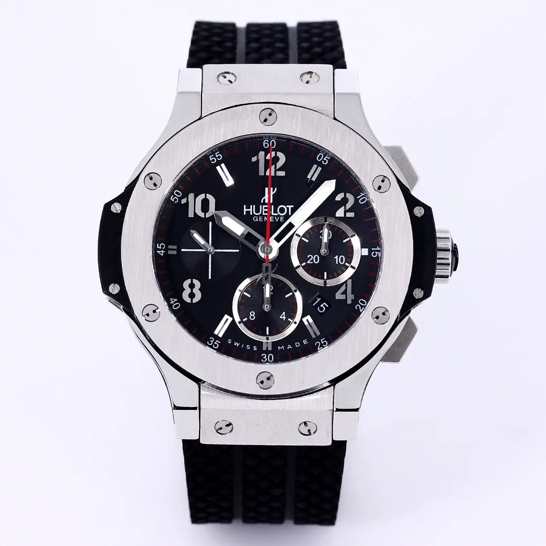 JB Factory Hublot Big Bang 44mm Black Dial Chronograph Watch with Rubber Strap - Silver Case | Super Clone Edition