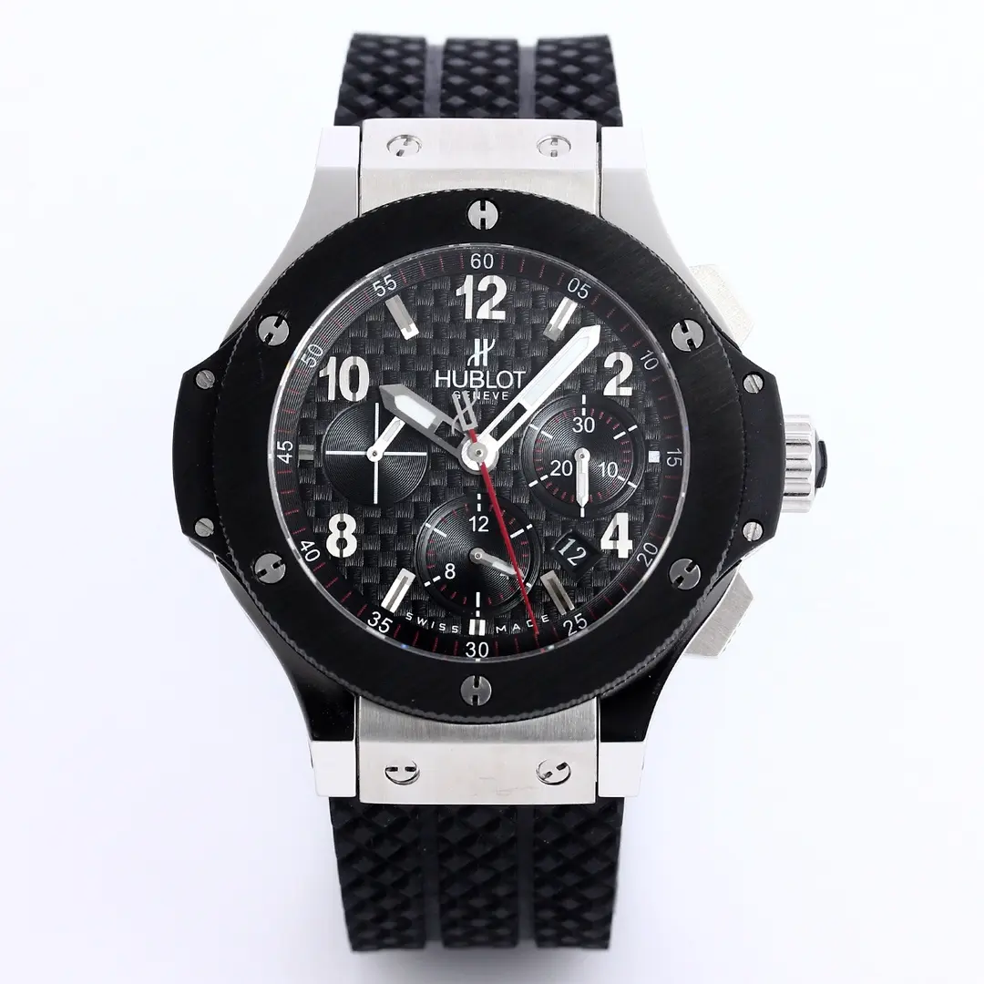 JB Factory Hublot Big Bang 44mm Black Ceramic &amp; Stainless Steel Chronograph Watch with Rubber Strap - Super Clone Edition