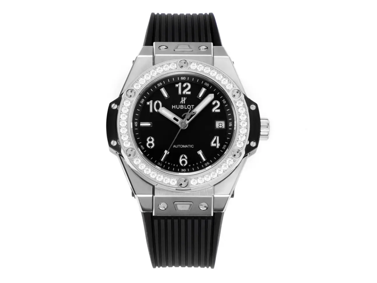 JJ Factory Hublot Big Bang One-Click 39mm Stainless Steel White Pave Watch with Black Strap - Super Clone Edition