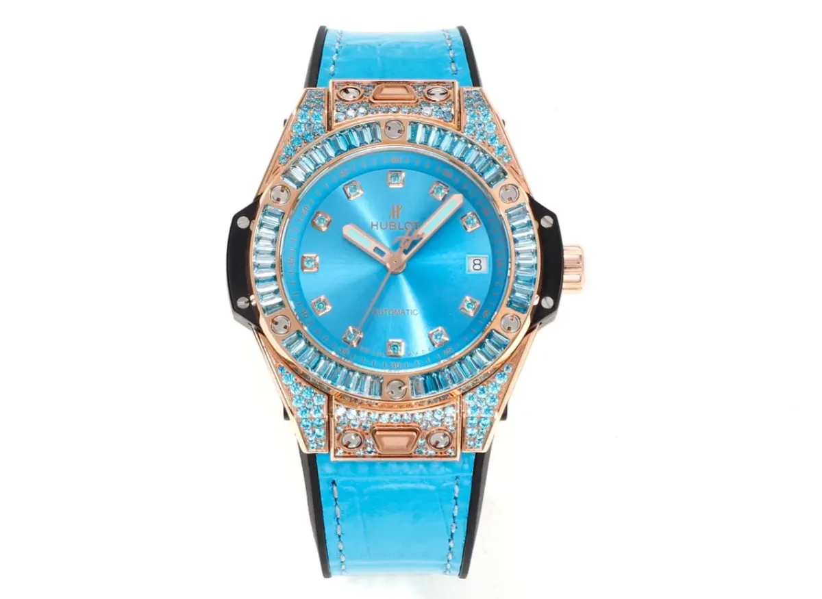 JB Factory HUBLOT Big Bang One-Click 39mm Stainless Steel Rainbow Watch - Blue Dial, Rose Gold and Diamond Bezel, Blue Leather Strap, Best Replica Watch