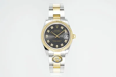 AR Factory Rolex Lady-Datejust 31mm Two-Tone Yellow Gold and Stainless Steel Black Diamond Dial Fluted Bezel Oyster Bracelet Watch