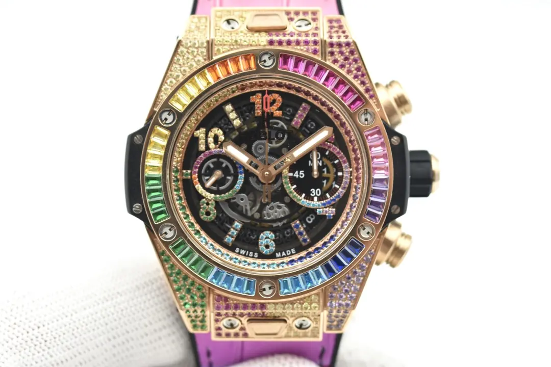 JB Factory Hublot Big Bang Rainbow 44mm Chronograph Watch with Pink Rubber Strap - Super Clone Edition