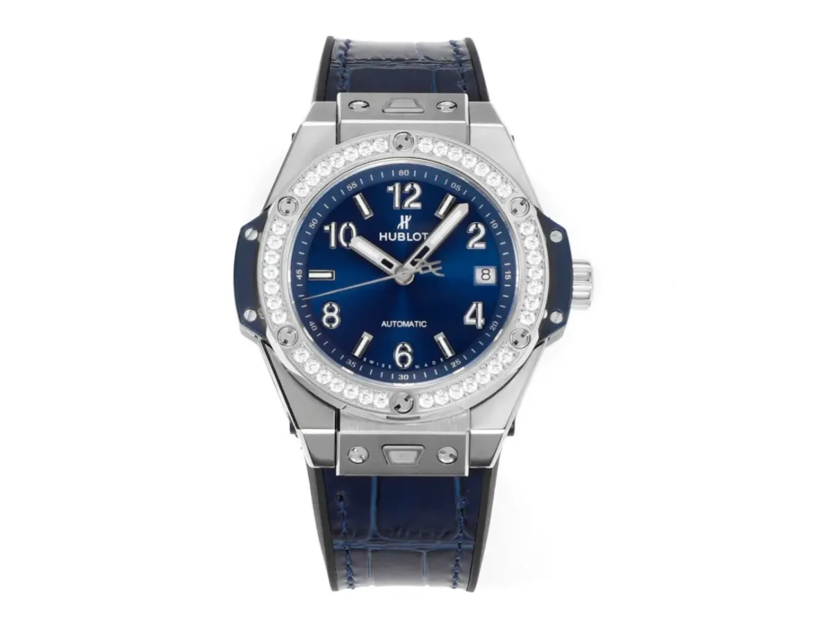 JJ Factory HUBLOT Big Bang One-Click 39mm Stainless Steel White Diamond-Set Watch with Blue Leather Strap - Super Clone Edition